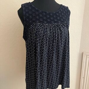 LOFT Navy & White Polka Dot Smocked Crocheted Blouse
